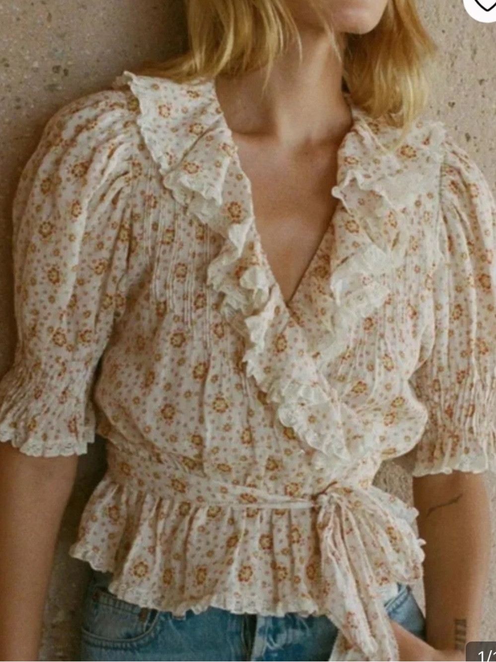 Doen Thames Ramie Ruffle Pintuck Short Sleeve Top Alabaster Countryside Calico L